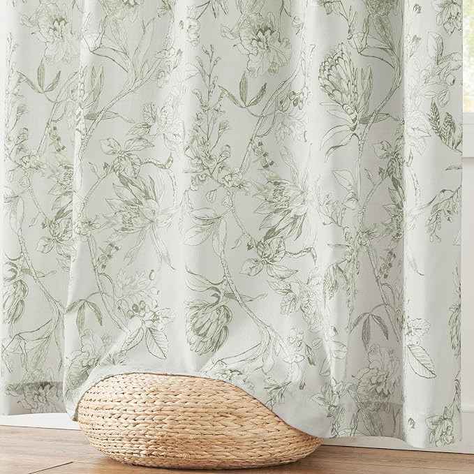 jinchan Floral Curtains 63 Inch Length Sage Green Flower Linen Farmhouse Curtain - Image 7