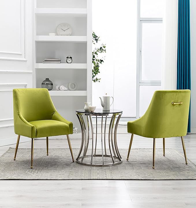 Velvet Dining Chairs, Furniture Collection Modern Contemporary Upholstered with Polished Gold Metal Legs, Set of 4(Yellow Green)