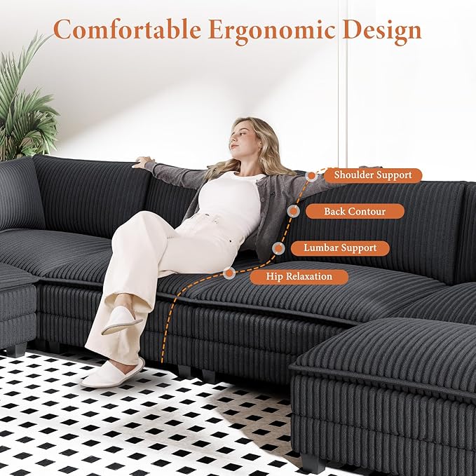 Vesgantti 143" U Shaped Sectional Modular Couch, Comfy Corduroy Upholstered Modular Cloud Sofas for Living Room, Modern Sectional Sofa with 2 Ottoman Deep Seat, Dark Grey