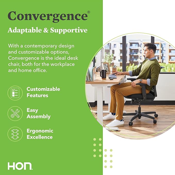 HON Convergence Ergonomic Office Chair, Breathable Back Support Mesh, Adjustable Arms, Computer Chair with Lumbar Support, Rolling Swivel Wheels, Comfortable Synchro-Tilt Recline, Fabric, Fog