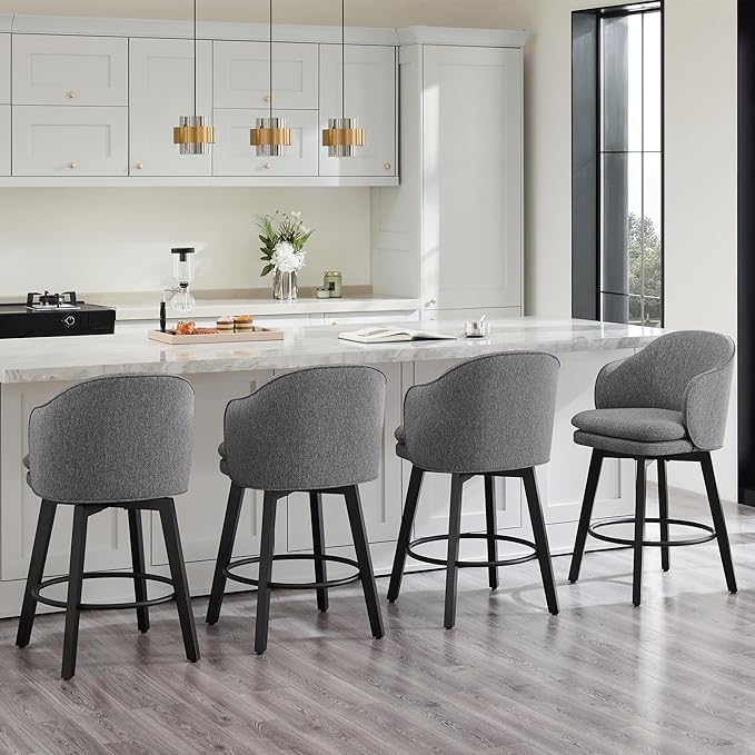 Counter Height Barstools 26 inch Upholstered Swivel Bar Stools with Back and Wood Legs for Kitchen Island,Set of 4,Dark Grey Fabric