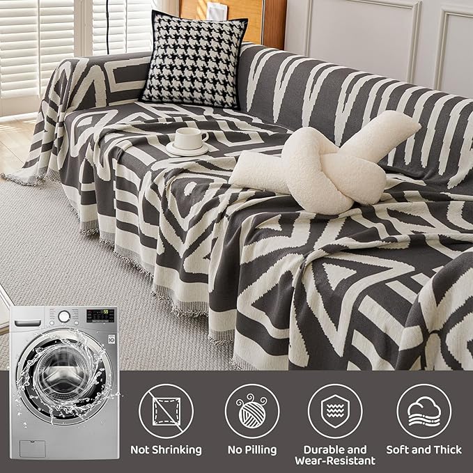STACYPIK Simple Dark Grey Boho Sofa Cover for Sectional Soft Tassel Chenille Couch Cover for 3 Cushion Couch Reversible Loveseat Cover for Dogs Cats Non-Silp Furniture Cover Multi-Use Blanket-91x118IN