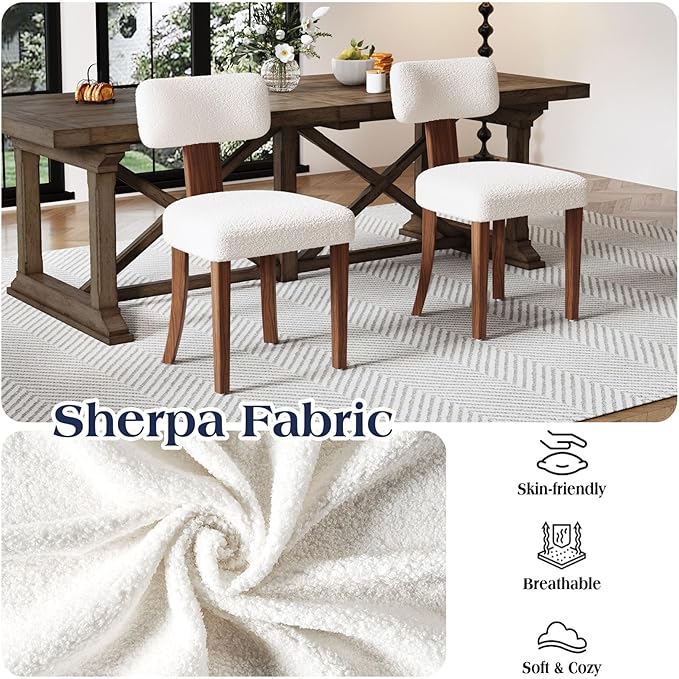 Mid-Century Dining Chair Set of 4, Upholstered Sherpa Seats with Ergonomic Curved Back and Adjustable Legs for Dining Room, Bedroom, Kitchen, White Sherpa