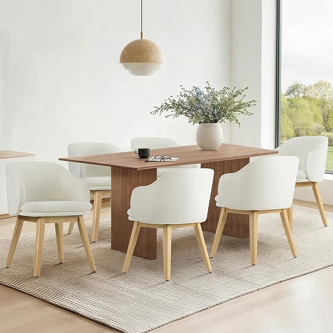 Wooden Dining Chairs Set of 4, Fabric Upholstered Modern Dining Room Chairs with Barrel Backrest & Double-Layer Thick Cushion for Living Room, Restaurant, Kitchen and Café, Beige, 2 Boxs