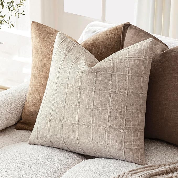 Foindtower Set of 2 Decorative Linen Check Throw Pillow Covers Neutral Farmhouse Vintage Cushion Covers Modern Boho Home Decor For Sofa Chair Couch Bedroom Living Room Outdoor,22×22 Inch,Natural Linen