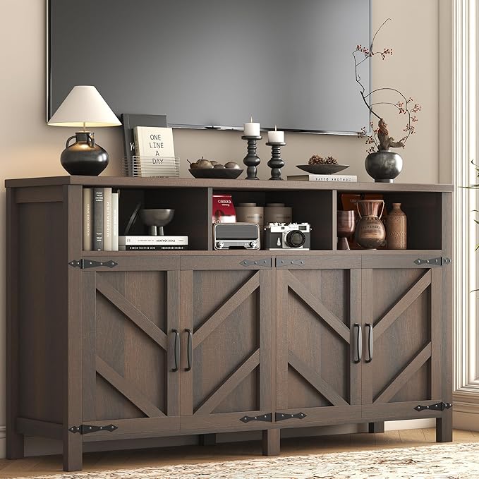 Buffet Sideboard with Storage Farmhouse with 4 Doors, 55'' Large Kitchen Storage Cabinet Wood Coffee Bar Cabinet Buffet Table with Shelves for Kitchen, Dining Room, Entryway (Brown, 55in)