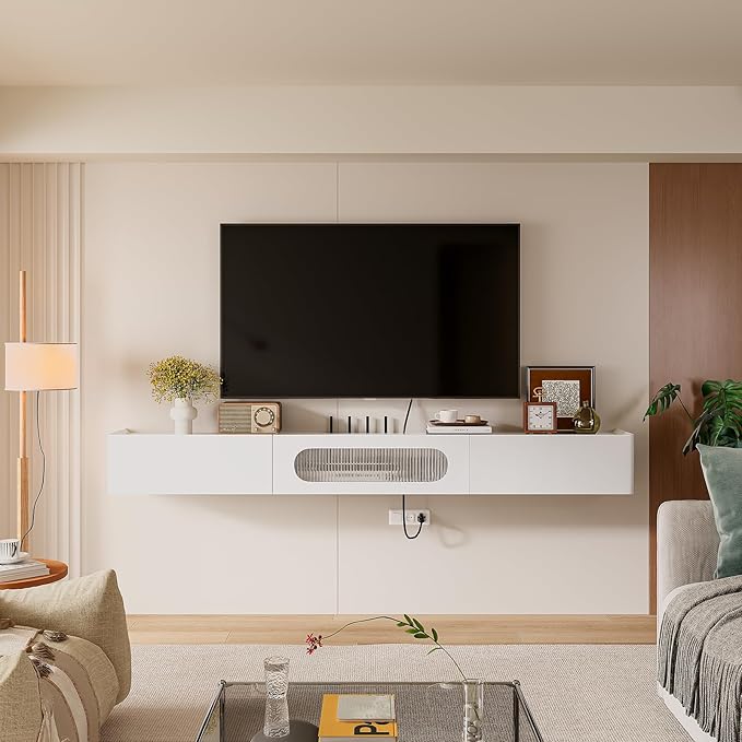 Floaticase Floating TV Stand, 47IN Fully Assembled Hign Gloss Wall Mounted TV Console with Flip-Down Door & Drawers for Livingroom, Bedroom
