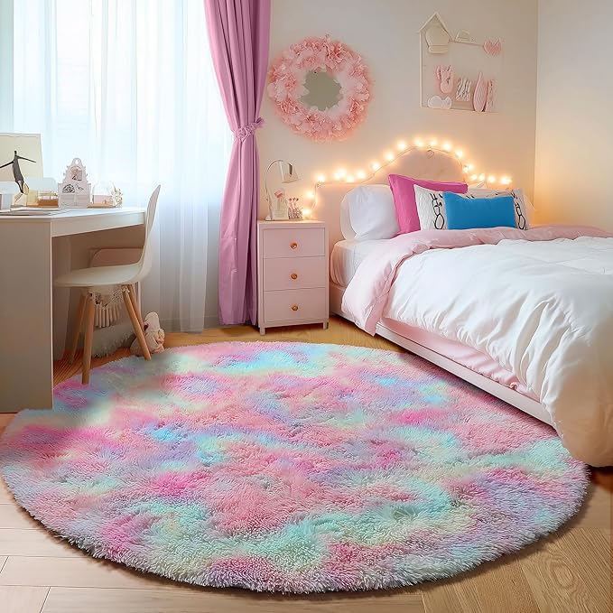 ONASAR Rainbow Round Rugs 6ft for Living Room Bedroom, Fluffy Circle Area Rug - Image 3