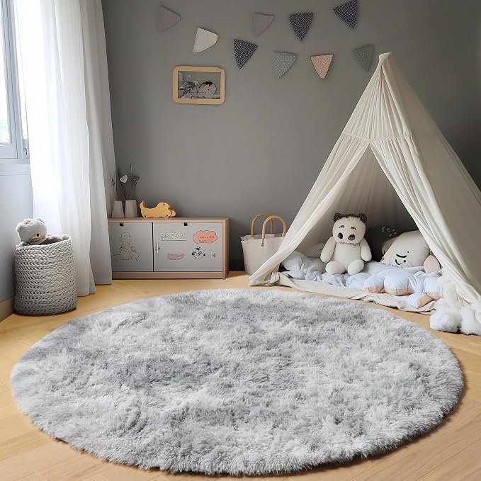 ONASAR Round Rugs 5ft for Bedroom Living Room, Fluffy Tie-Dyed Light Grey - Image 5