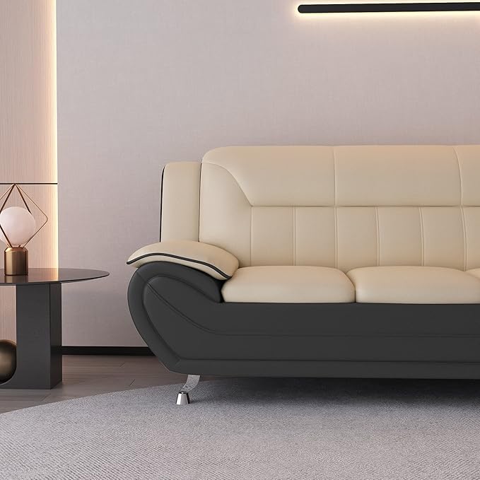 Container Furniture Direct Michael Modern Faux Leather Upholstered Stainless Steel Legs Living Room Sofa, Loveseat, Black Camel