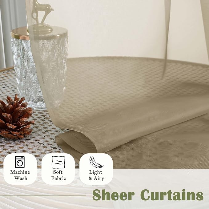 Lecloud Taupe Sheer Curtains 63 Inch Length 2 Pcs, Light Filtering Rod Pockets - Image 4