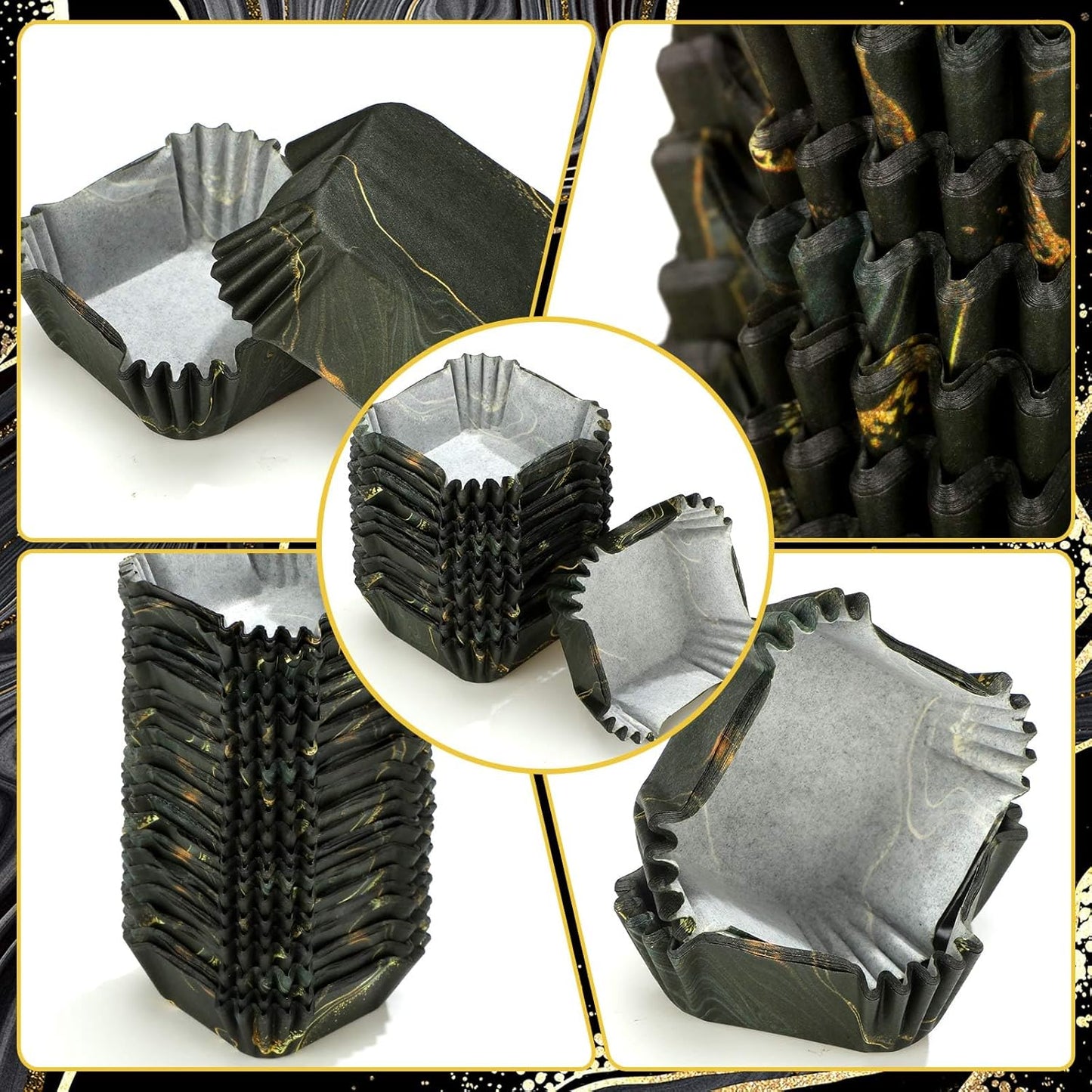 Tanlade 350 Pcs Square Mini Cupcake Liners Disposable Brownie Baking Pan Liners 1.77 Inch Paper Baking Cup for Cup and Cupcakes Party Supplies for Weddings Birthdays Bridal Showers(Black Marble)