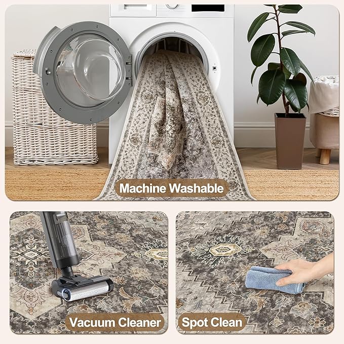 Tangsoo 2x6 Washable Runner Rug for Hallways, Non Slip Vintage Runner, Soft Low Pile Long Rug Runner, Print Distressed Brown/Grey Carpet Runners for Kitchen Bedroom Entryway Bathroom Living Room