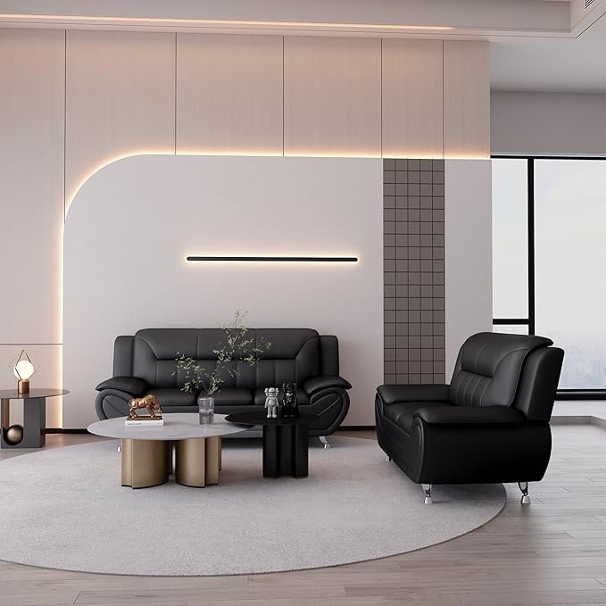 Container Furniture Direct Michael Modern Faux Leather Upholstered Stainless Steel Legs Living Room Sofa, Loveseat, Black