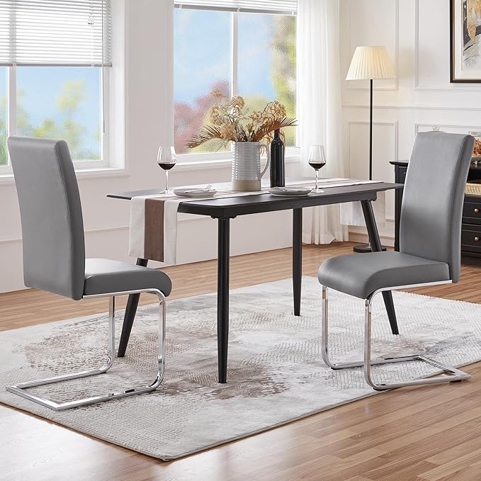Yaheetech Dining Chairs Set of 2 Modern Faux Leather Upholstered Dining Room Chairs with High Back and Metal Chrome Legs for Kitchen/Living Room/Restaurant, Light Gray