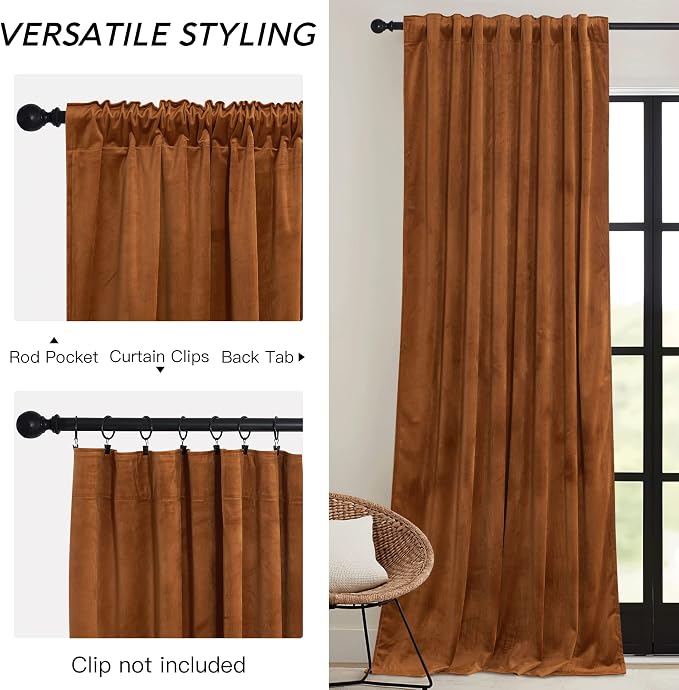 RYB HOME Fall Curtains Burnt Orange Velvet Curtains, Light Blocking, Thermal - Image 3