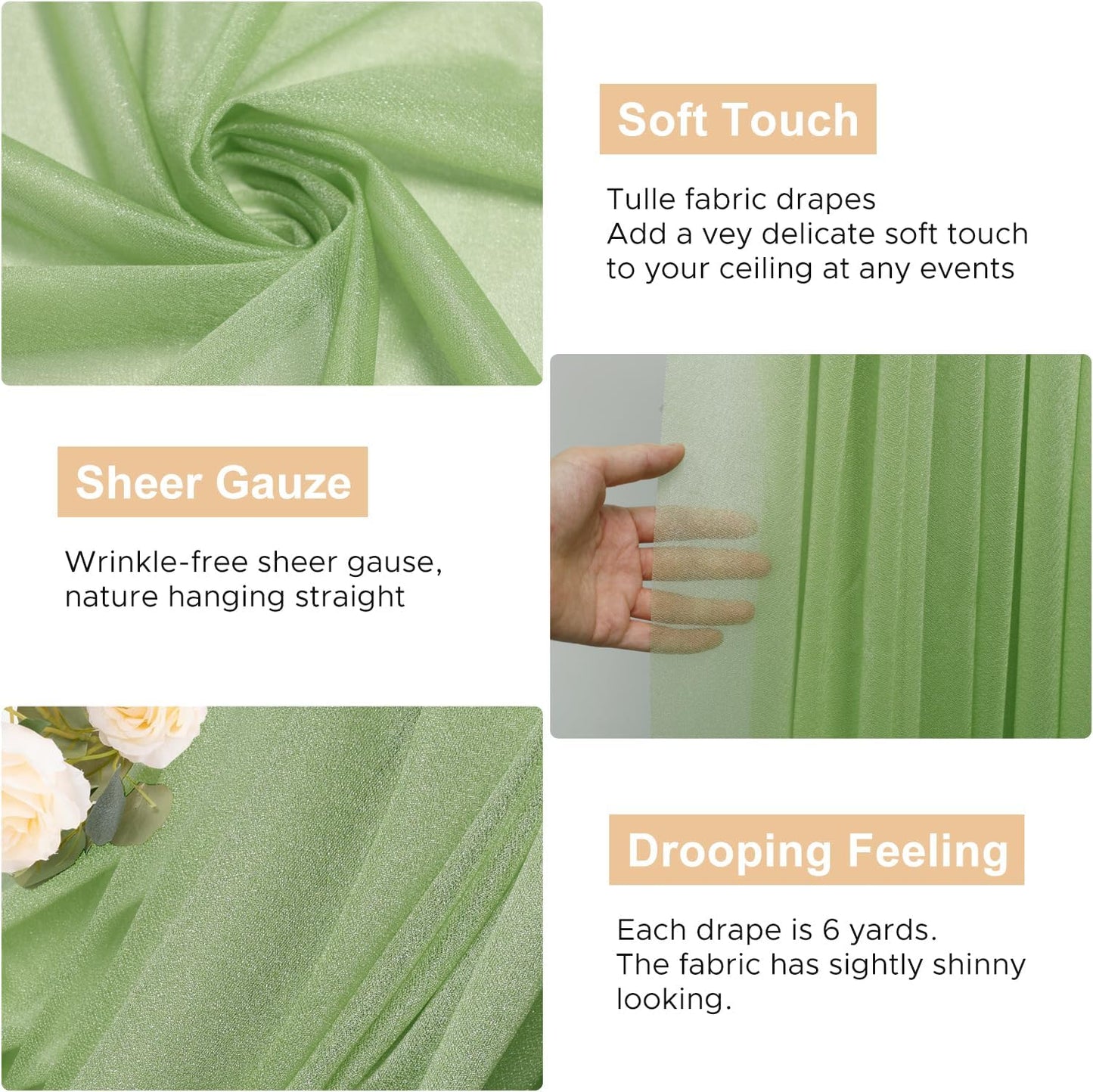 Wokceer Wedding Arch Draping 3 Panels 28.7" x 20FT Sage Green Sheer Fabric Backdrop for Ceremony, Birthday Party, Bridal Shower Decoration