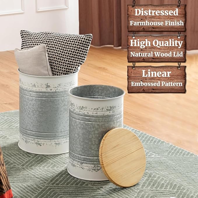 Glitzhome Farmhouse Accent Side Table, Metal Storage Stool Ottoman with Round Lid - Galvanized Coffee Cocktail End Tables Set of 2 for Living Room Bedroom, Distressed White