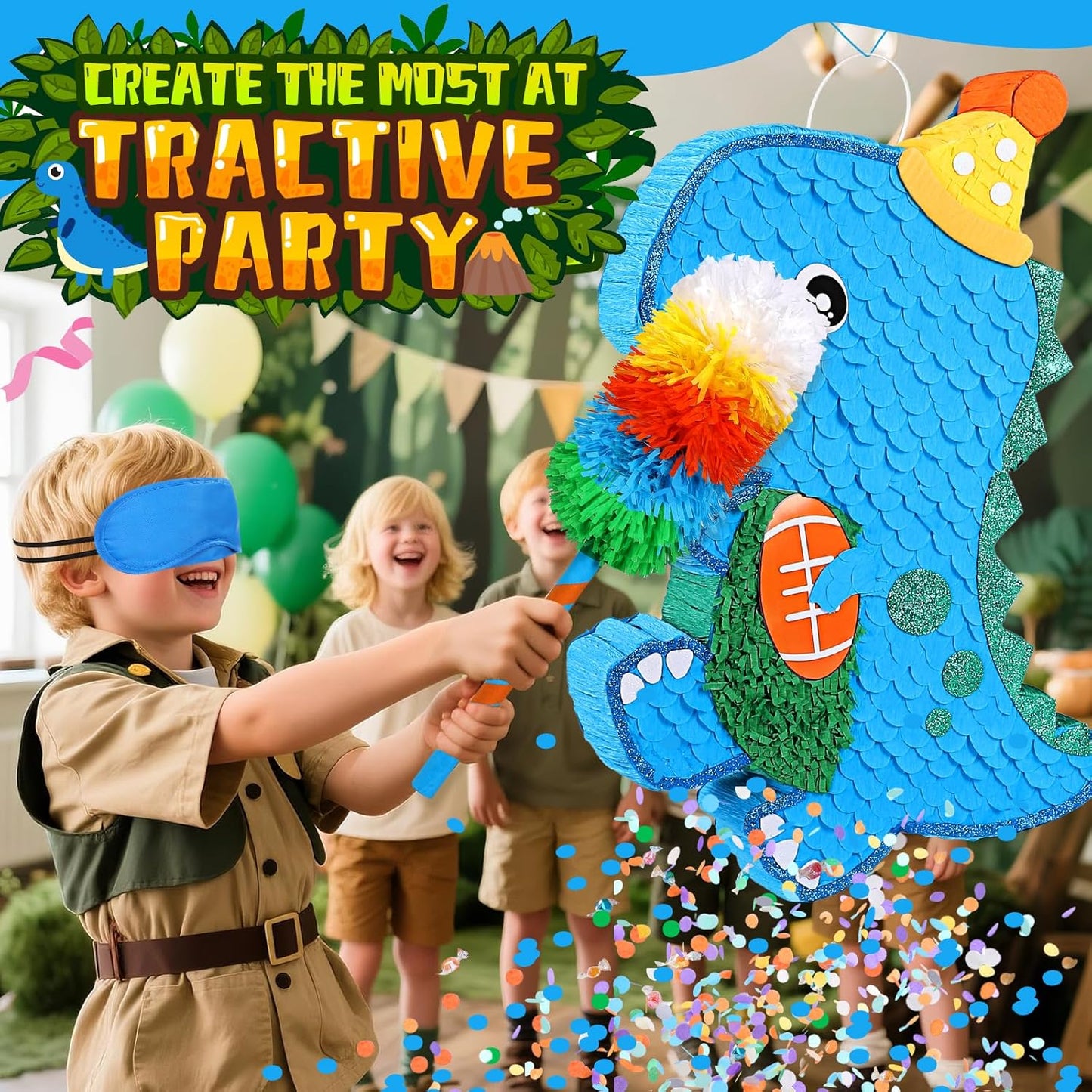Large Dinosaur Pinata Bundle with a Blindfold, Bat (24 x16.5 x4 Inches), Dino Baby with Football Decorations for Boy Animal Theme Birthday Party