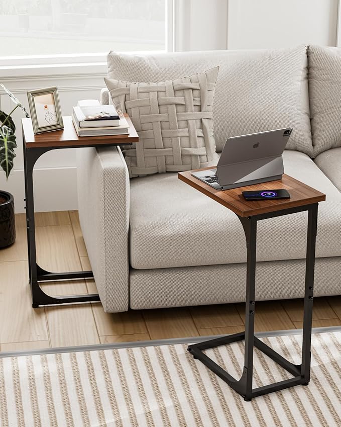 C-Shaped Side Table for Couch - Small Coffee Stand Sofa Tray Desk with Metal Frame and Waterproof Scratch Resistant, Modern End Accent for Living Room, Bedroom, Set of 2, Rustic Walnut