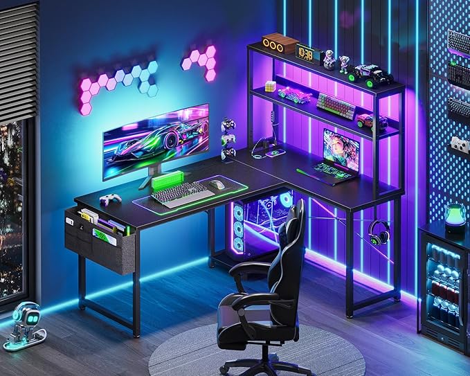 AODK L Shaped Desk Gaming Desk with LED Light & Power Outlet, 43 Inch Reversible L Shaped Computer Table with Shelf, Corner Desk with Storage Bag&Hook for Home Office Desk, Black