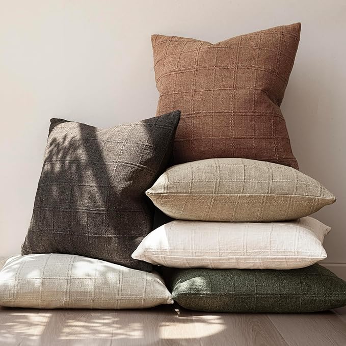 Foindtower Set of 2 Decorative Linen Check Throw Pillow Covers Neutral Farmhouse Vintage Cushion Covers Modern Boho Home Decor for Sofa Chair Couch Bedroom Living Room Outdoor,26×26 Inch,Dark Brown