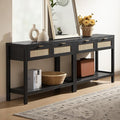 SICOTAS Black Console Table Set of 2 - Boho Entryway Table with Rattan Drawers, 2 Tier Shelf, Narrow Long Sofa Tables for Living Room, Entry Table for Hallway, Foyer