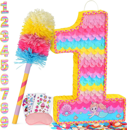 Number 1 Pinata for Birthday Party Decorations, Unicorn Mermaid Theme Pink Piñata Games Toy (1th)