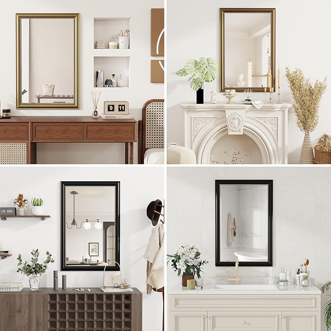 Axeman 30x40 Rectangular Wall Mirror, Decorative Bathroom Mirror, Traditional Vintage Wall Mounted Mirror with Beaded Frame for Accent Living Room Vanity Bedroom Entryway, Gold