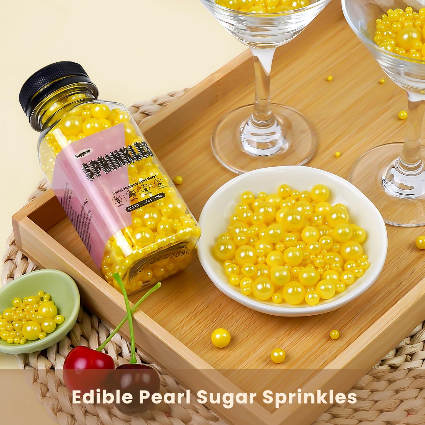 Yellow Pearl Sprinkles, Edible Sugar Pearls for Cake Decorating, 180g/6.35oz, Mix Size, Cake Decorations, Cupcake Toppers, Ice Cream Toppings, Wedding Party Supplies