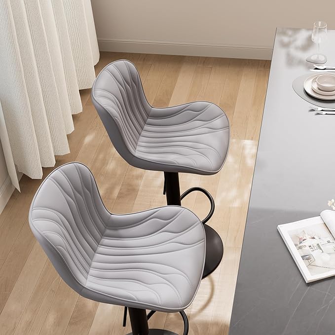 YOUNIKE Grey Bar Stools Set of 2 Modern Kitchen Counter Height Bar Chairs with Backs Faux Leather Upholstered Barstools Swivel Tall Adjustable Padded Breakfast Island Chair with Sturdy Metal Leg