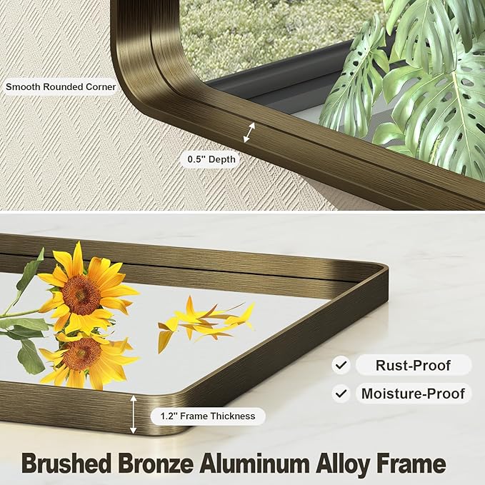30x36 Inch Bronze Framed Bathroom Mirror, Brushed Bronze Metal Vanity Mirror, Bronze Rectangle Mirror for Wall, Rounded Corner, Anti-Rust, Shatterproof (Horizontal/Vertical)