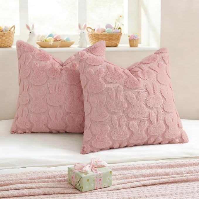 decorUhome Easter Bunny Pillow Covers 18x18 Inch Set of 2, Soft Plush Faux Wool - Image 5