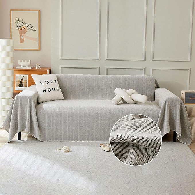 STACYPIK Silver Gray Sofa Cover for Dog, Herringbone Sectional Couch Cover, Pet Friendly Protector for 3 Cushion Couch, Non-Slip L Shaped Sofa Covers, Washable Multi-use Jacquard Blankets-91X150IN
