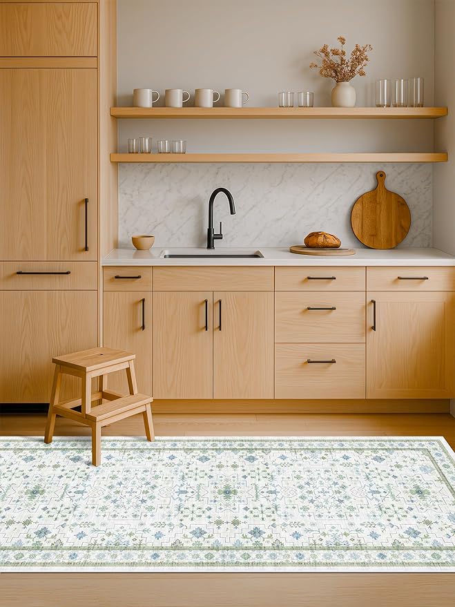 Oushak 2x8 Hallway Runner Rug - Vintage Turkish Floral, Washable Low Pile Non Slip 8ft Long Runners for Kitchen, Hall Way - Cream Blue and Green