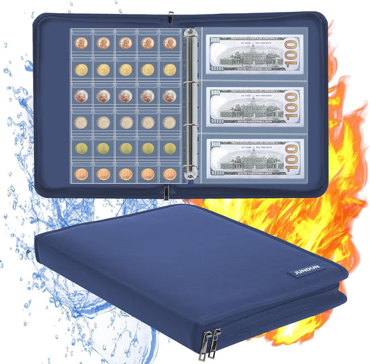 Coin Collection Book Holder for Collectors, 300 Pockets Fireproof Coins Collecting Album & 36 Sleeves Money Storage Case for Coin Currency Collection Supplies, Bill, Pennies, Quarters, Stamp,Blue