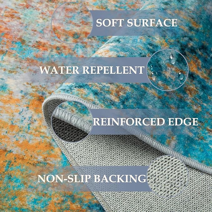 Washable Area Rugs 6ft Non-Slip Modern Abstract Soft for Living Room Entryway Bedroom Nursery, Print Pattern, Teal Blue Green Orange Rust Red Colorful