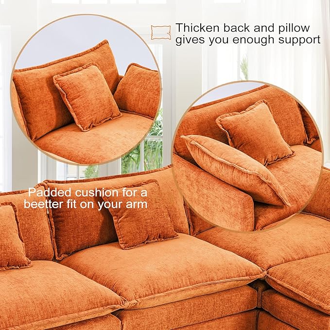 Furniliving Oversized Accent Chair with Ottoman, Luxury Chenille Single Sofa, Upholstered Deep Seat Chaise Lounge with Pillows for Living Room, Bedroom, Apartment, Orange