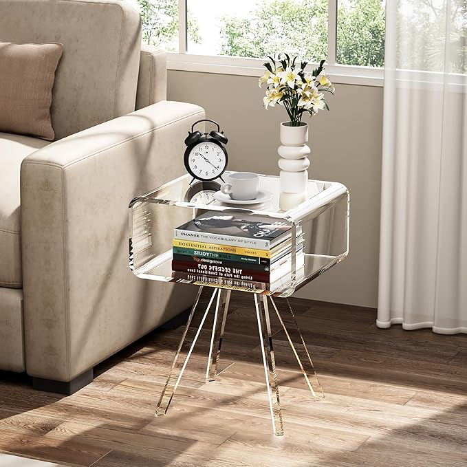 Acrylic Side Table, Acrylic Nightstand Bedside Table for Bedroom (Clear, 16.1'' x 11.8'' x 19.7'')