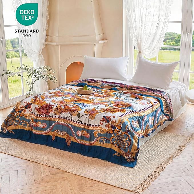MSGKV Boho Throw Blanket 90"x90" Bed Floral 100% Cotton Blanket Spring - Image 6