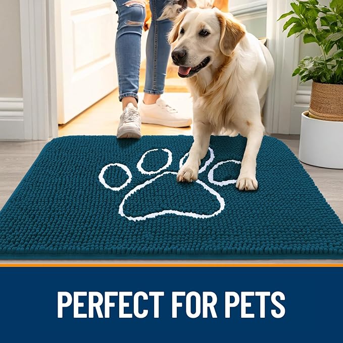 OLANLY Door Mat for Muddy Dog Paws 59x24, Absorbent Chenille Mud Doormat with Paw Print Design, Non-Slip Washable Doormat for Indoor Entryway, Quick-Dry Pet Bed Mats for Dirty Dogs, Atlantic Blue