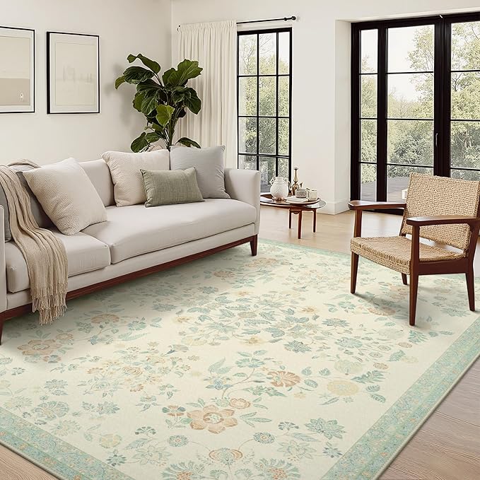 GENIMO 6x9 Area Rugs for Living Room, Machine Washable Non Slip Vintage Rugs, Low Pile Lightweight Chenille Print Rug for Bedroom, Dining Room, Home Office, Beige/Green