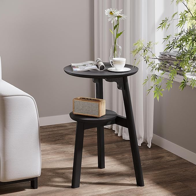 ChooChoo Round End Table for Small Spaces, Narrow Side Table, Accent Table Night Stand with 2 Tier Shelf for Bedroom and Living Room, Black