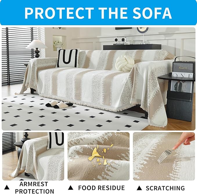 LUFEIJIASHI Boho Couch Covers for Sofa Non Slip Sofa Covers Washable Couch Covers for 3 Cushion Couch Sofa Pet Friendly Sectional Couch Cover Blanket Furniture Protector for Dogs (Khaki, 91"x118")