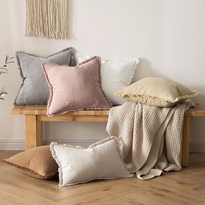 MIULEE Decorative Lumbar Throw Pillow Covers Neutral Linen Fringe Throw Pillows - Image 5