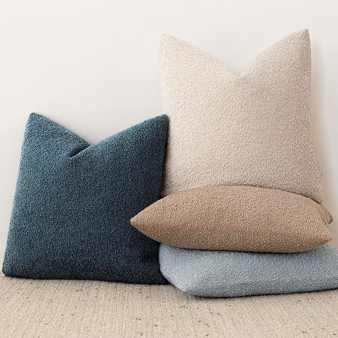 Foindtower Set of 2, Decorative Textured Boucle Throw Pillow Covers Accent Solid Pillow Cases Neutral Couch Cushion Case for Chair Sofa Bedroom Living Room Home Decor 24x24 Inch Dark Blue