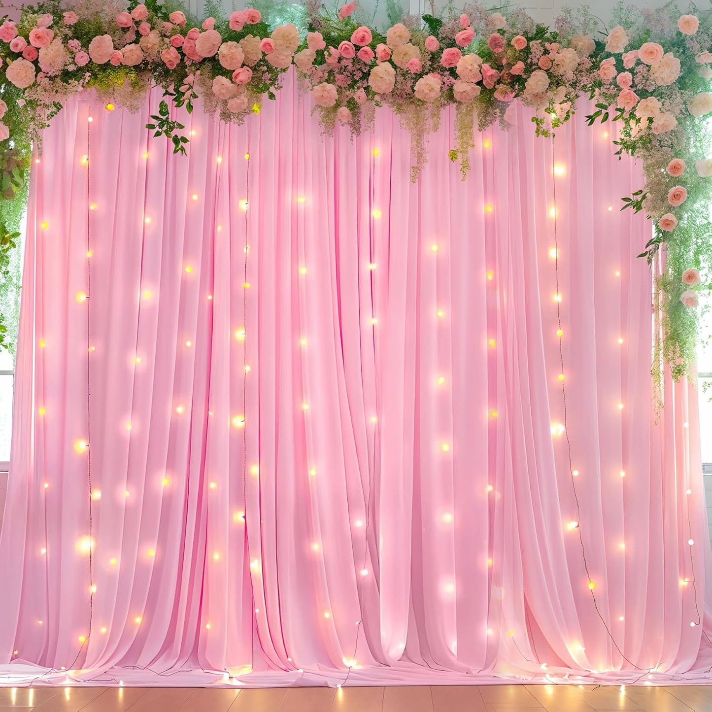 Pink Backdrop Curtains with Lights for Parties,10x10FT Wrinkle Free Polyester Wedding Photo Backdrop Curtains for Baby Shower Birthday Ceremony Reception Home Party Decorations-5ft x 10ft,2 Panels