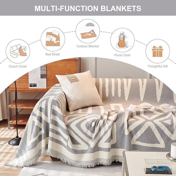 STACYPIK Boho Gray White Cream Sofa Cover Reversible Triangle Geometric Couch Cover Protector Cover Washable Jacquard Furniture Protector for 3 Cushion Couch Multi-Use Sectional Sofa Cover-91X150IN
