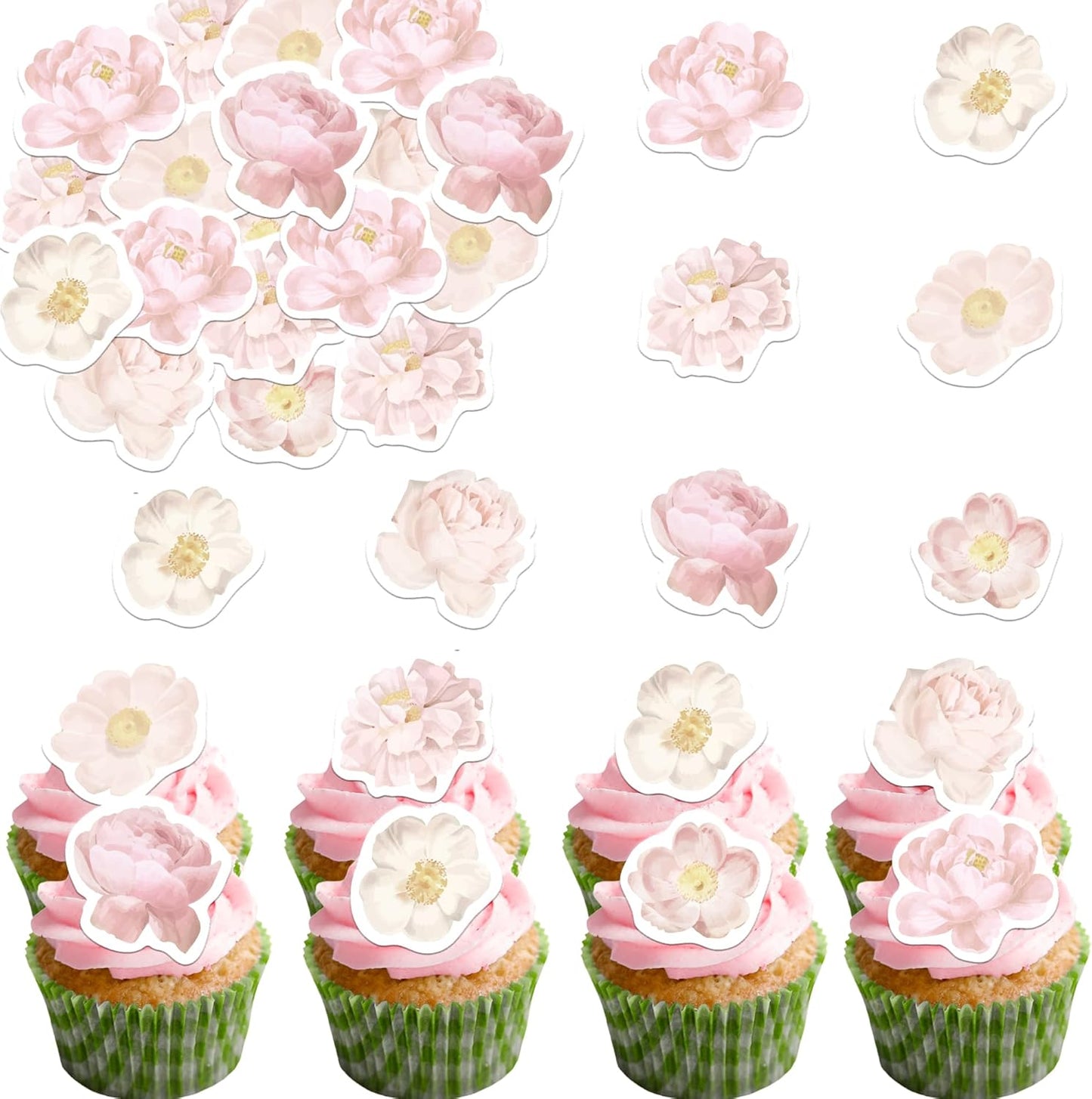 48PCS Edible Rose Flowers Cupcake Toppers Edible Pink Rose Flowers Cupcake Decor Wafer Paper Wedding Flowers Cupcake Picks for Flowers Theme Engagement Birthday Party Decor Supplies