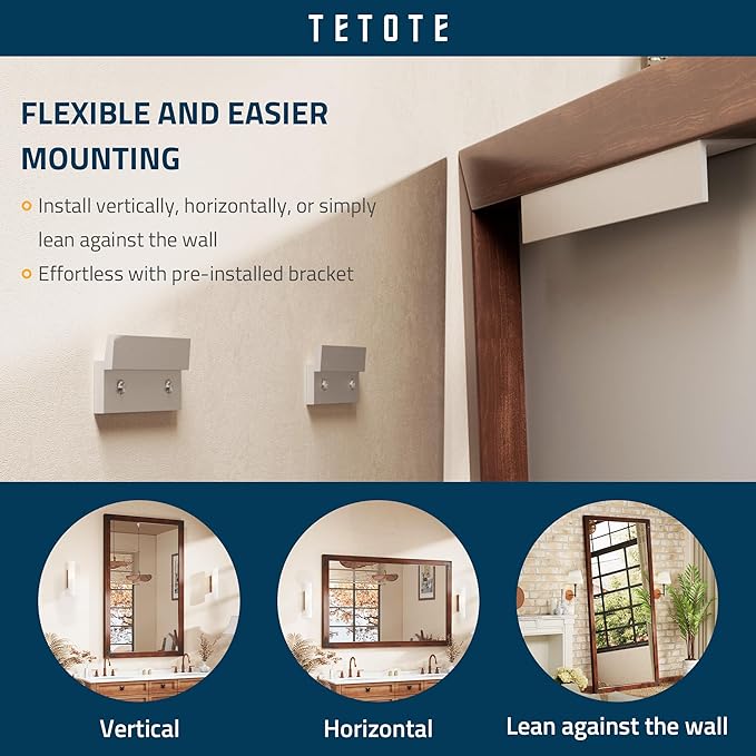 TETOTE 40 x 30 Walnut Wood Mirror for Bathroom Wall/Bedroom/Living Room/Entryway Farmhouse Rustic Bathroom Vanity Mirror Waterproof (Horizontal/Vertical Mounted)